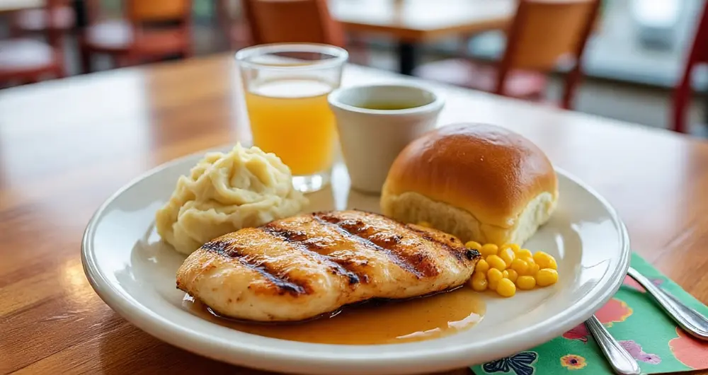 Texas Roadhouse Kids Grilled Chicken: A Healthy Favorite for Little Foodies 2 Texas Roadhouse Kids Grilled Chicken meal with mashed potatoes, buttered corn, dinner roll, and juice served on a kid’s plate